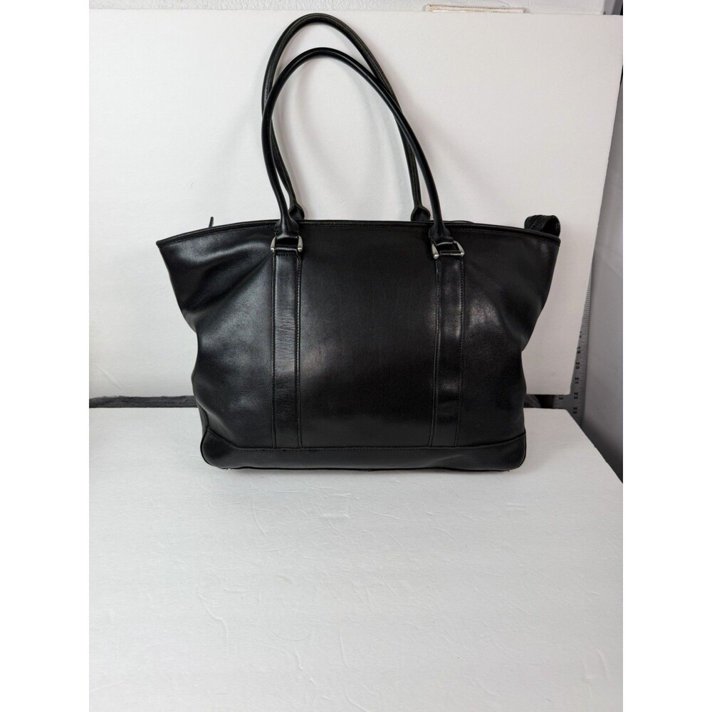 L.L.Bean Black Leather Tote Bag Large Wildlife Lining Zip Top Shoulder Vintage